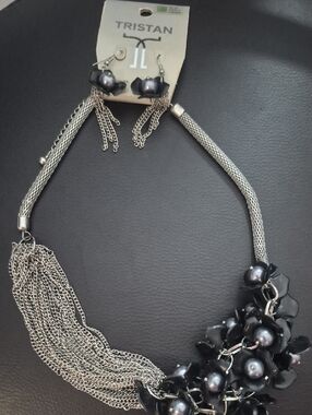 Tristan Silver-Tone Necklace and Earrings with Black Pearl Flower Accents